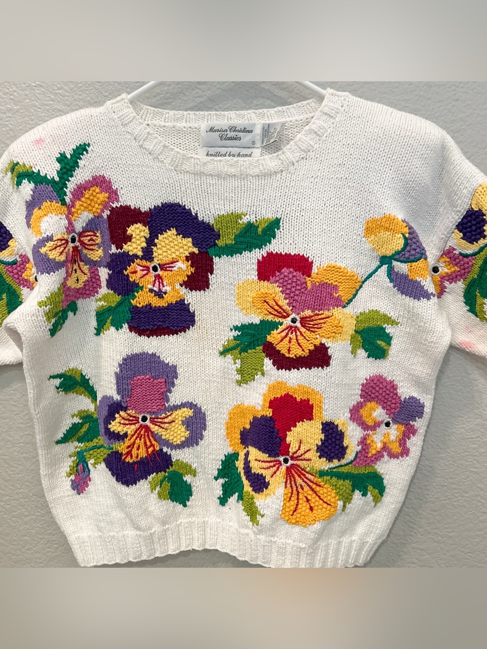 Vintage Hand Floral Hand Knit Sweater With Pansies Flowers Artsy Size S/M 90s - Picture 2 of 11